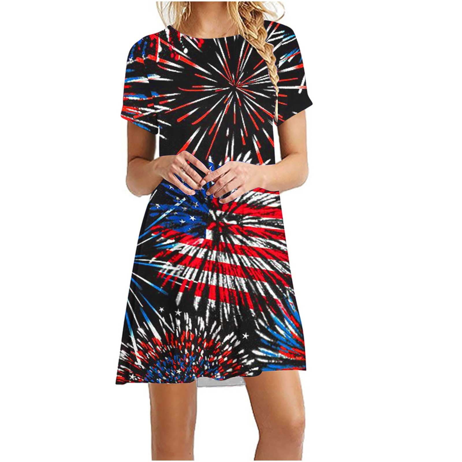 4th of July Dresses for Women Plus Size Casual American Flag Crew Neck