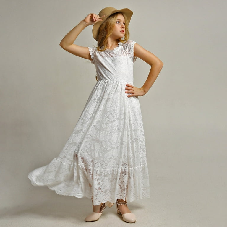 HAWEE Flower Girls Lace Dress Cotton Ruched Backless Maxi Dress Short Sleeve Swing Hem Long Evening Gown for Girs 2 13 Walmart