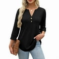 thumbnail image 4 of Ronuti Ladies Tops Ladies 3/4 Sleeve Henley Tops Womens Black T-shirt, 4 of 9