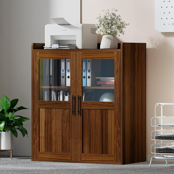Ebello File & Storage Cabinet with Doors and Adjustable Shelves, Multipurpose Office Credenza for Home or Office, Walnut
