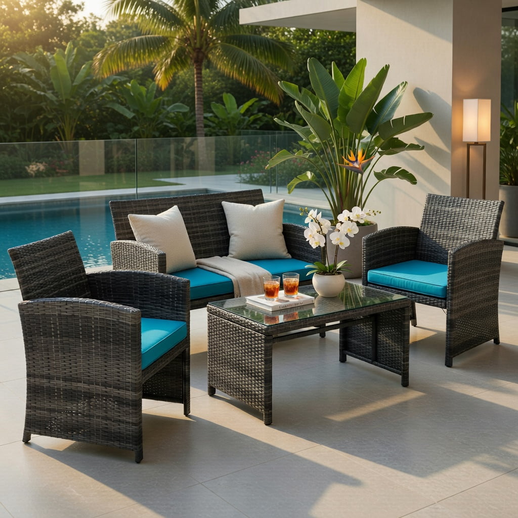Hommoo 4-Piece Outdoor Rattan Patio Furniture Set with Removable Cushions, Turquoise