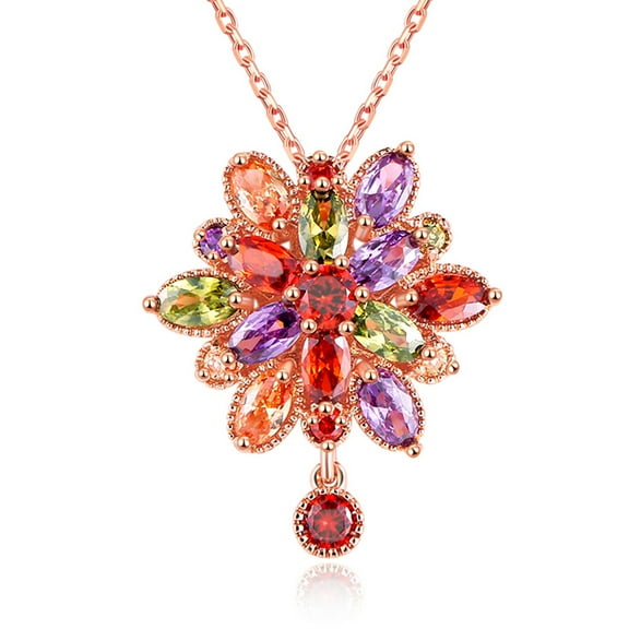 18K Rose Gold Plated Necklace Chain Color Cubic Zirconia Flower Pendant for Women