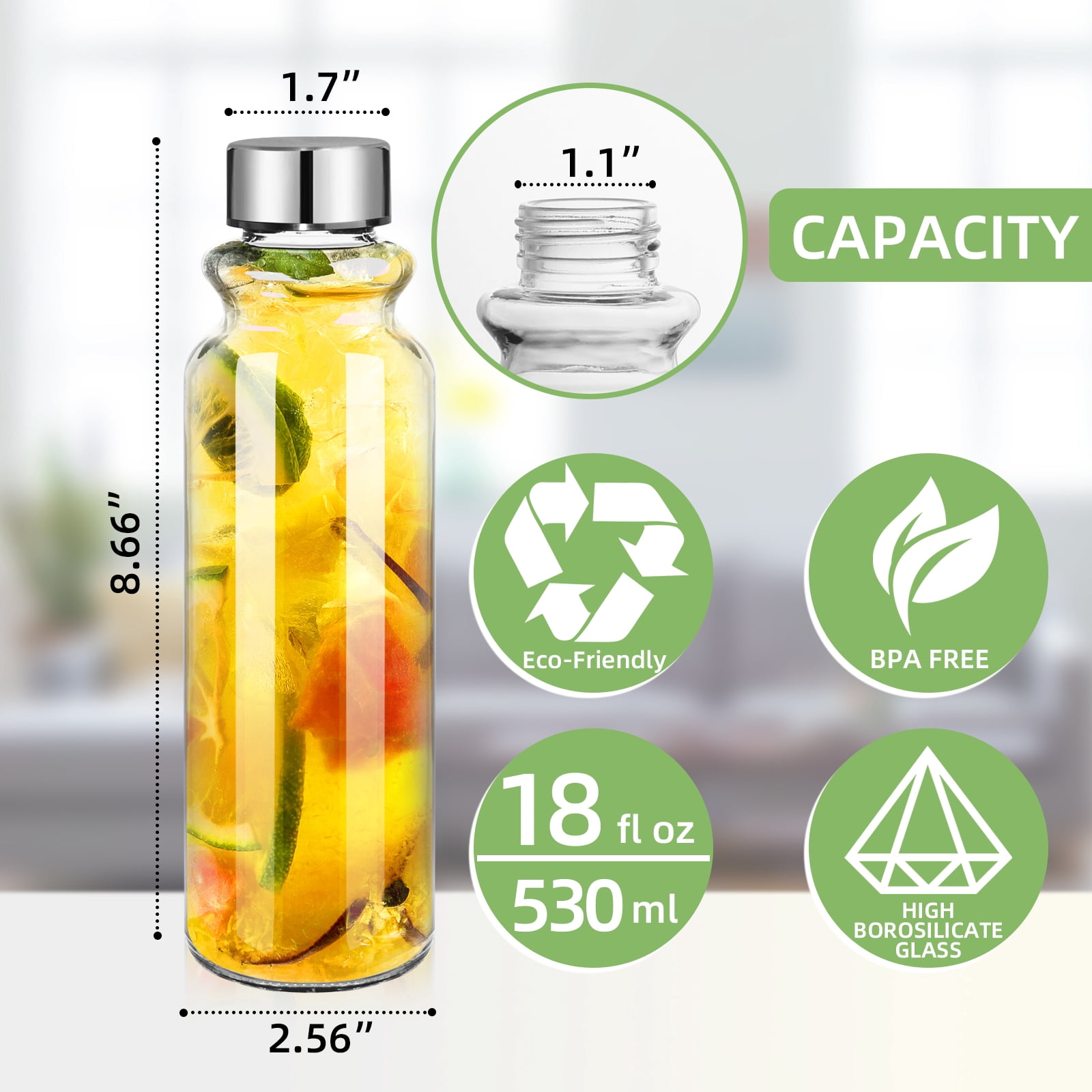 Goldarea 6Pcs 18oz Portable Glass Water Bottles,Bulk Water Bottles,Clear,Juice,Sleeves.
