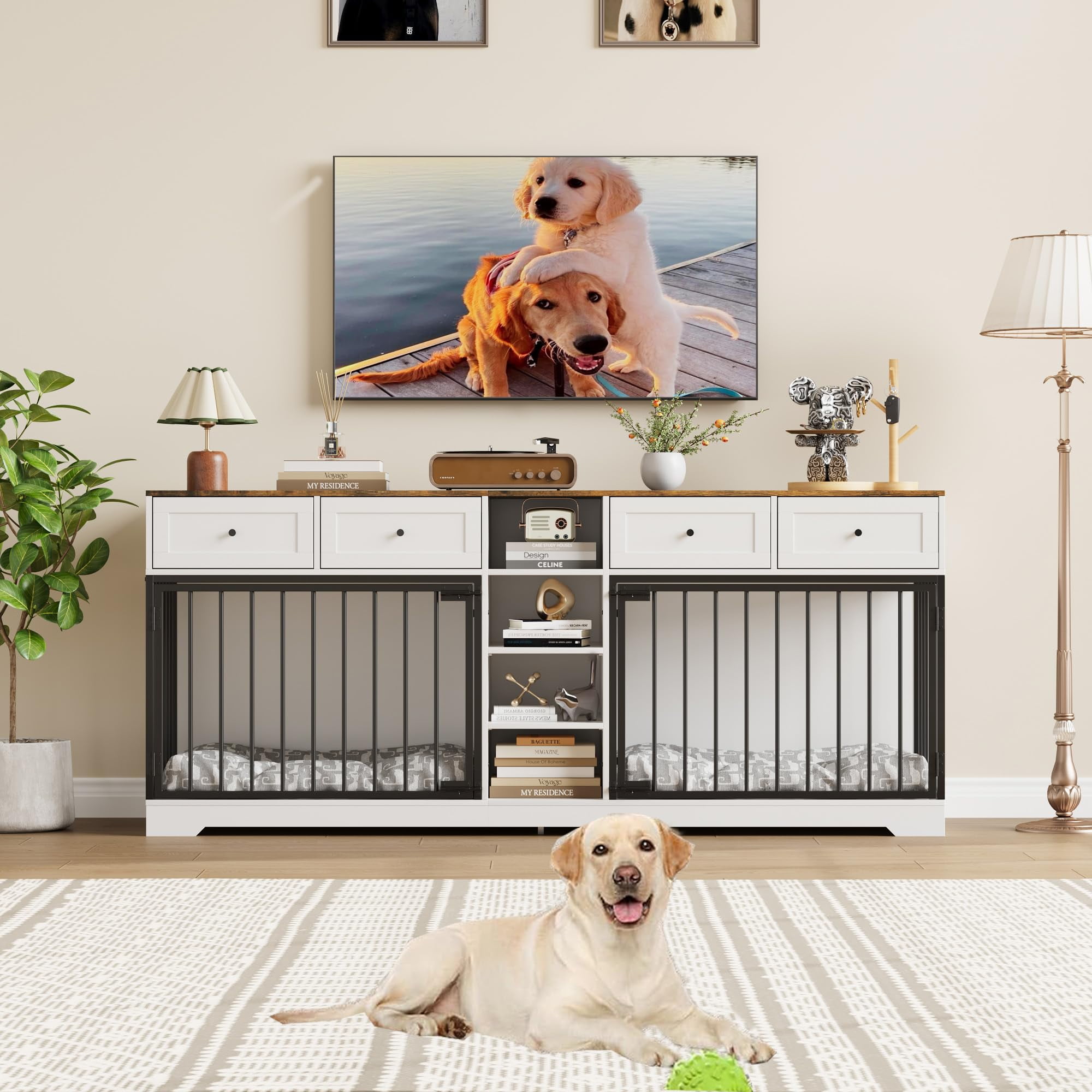 Yeshouse Large 82” Dog Crate for 2, Dog Kennel Furniture with Storage Drawers & Shelves, TV Console for Living Room