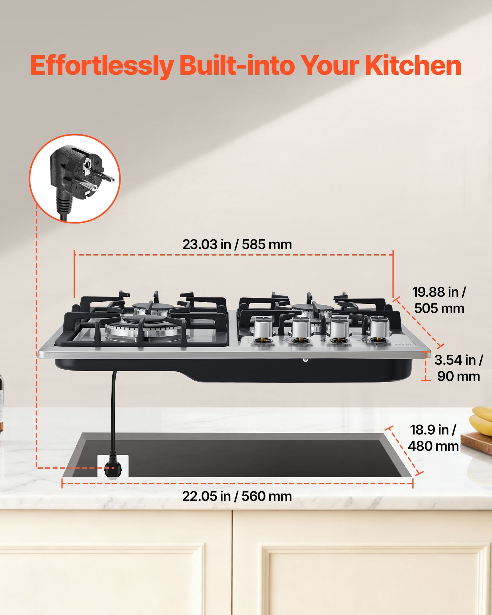 VEVOR 24 inch Gas Cooktop 4 Burners Gas Stove Top, Max 27000BTU Built-in Stainless Steel Stove Top LPG/NG Convertible Dual Fuel Cooktop Stoves with Thermocouple Protection for Kitchen Apartment Rvs