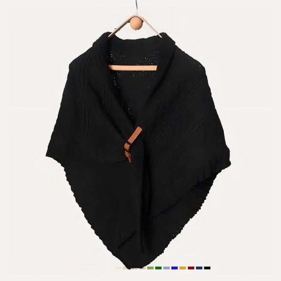 Triangular Scarf Shawl with Leather Buckle, 6-in-1 Wrap Poncho for Women,175*115cm,black