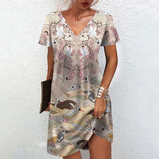 ICHUANYI Clearance Womens Summer Printing Short Sleeve V Neck Mid Thigh Length Dresses Fashion Dress(Pink, L) ICHUANYI WER2023080903883