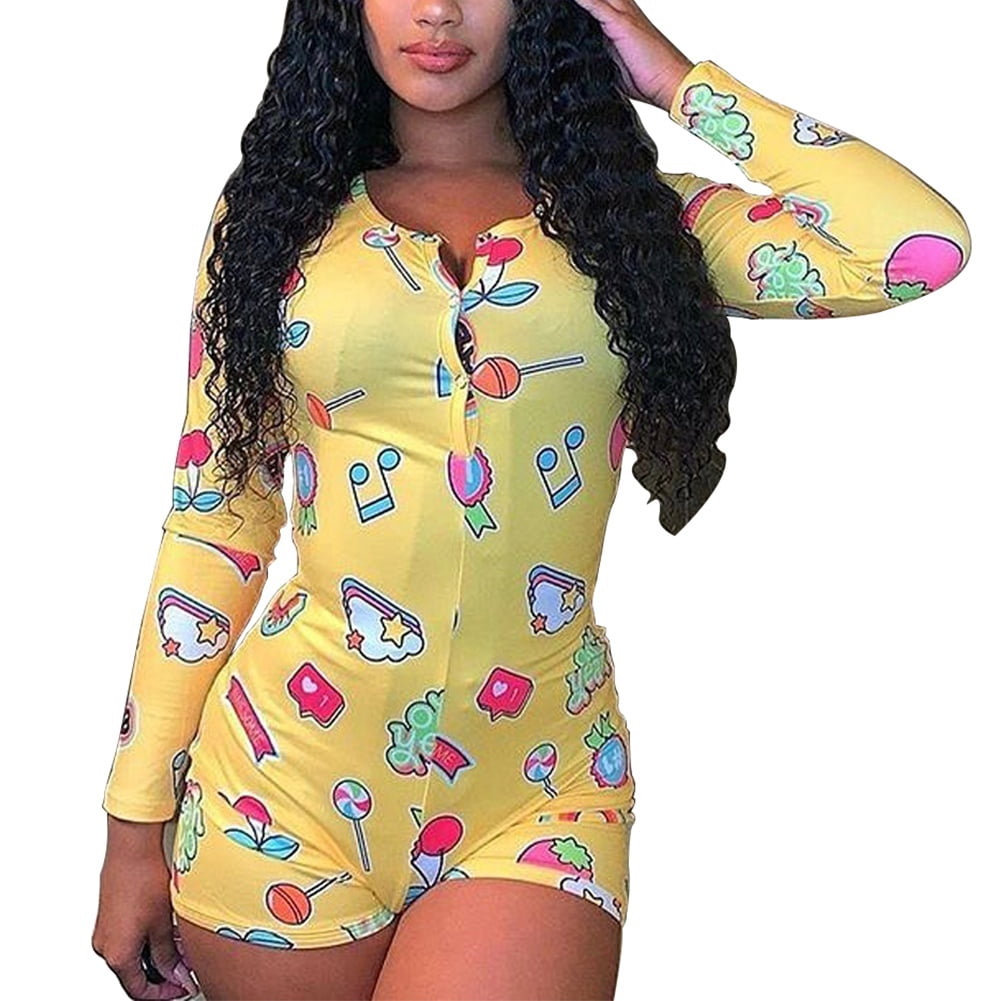 Women's Pajamas Romper Long Sleeve Loose Nightclothes Sleeping Wear