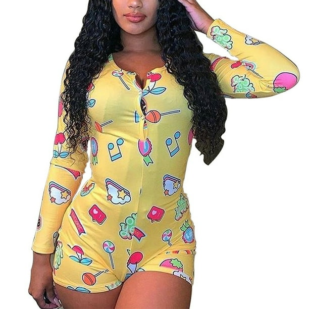 Women s Pajamas Romper Long Sleeve Loose Nightclothes Sleeping Wear Buttons
