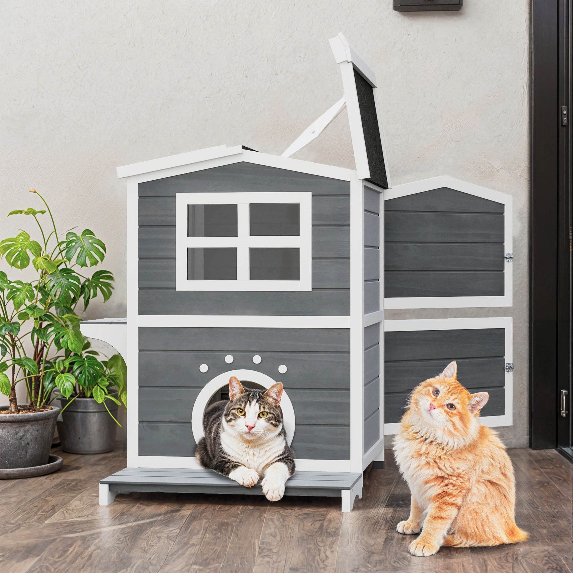 Uforic Cat House Outdoor Two-Story Wooden Feral Cat Shelter with Openable Roof, Escape Door - Gray