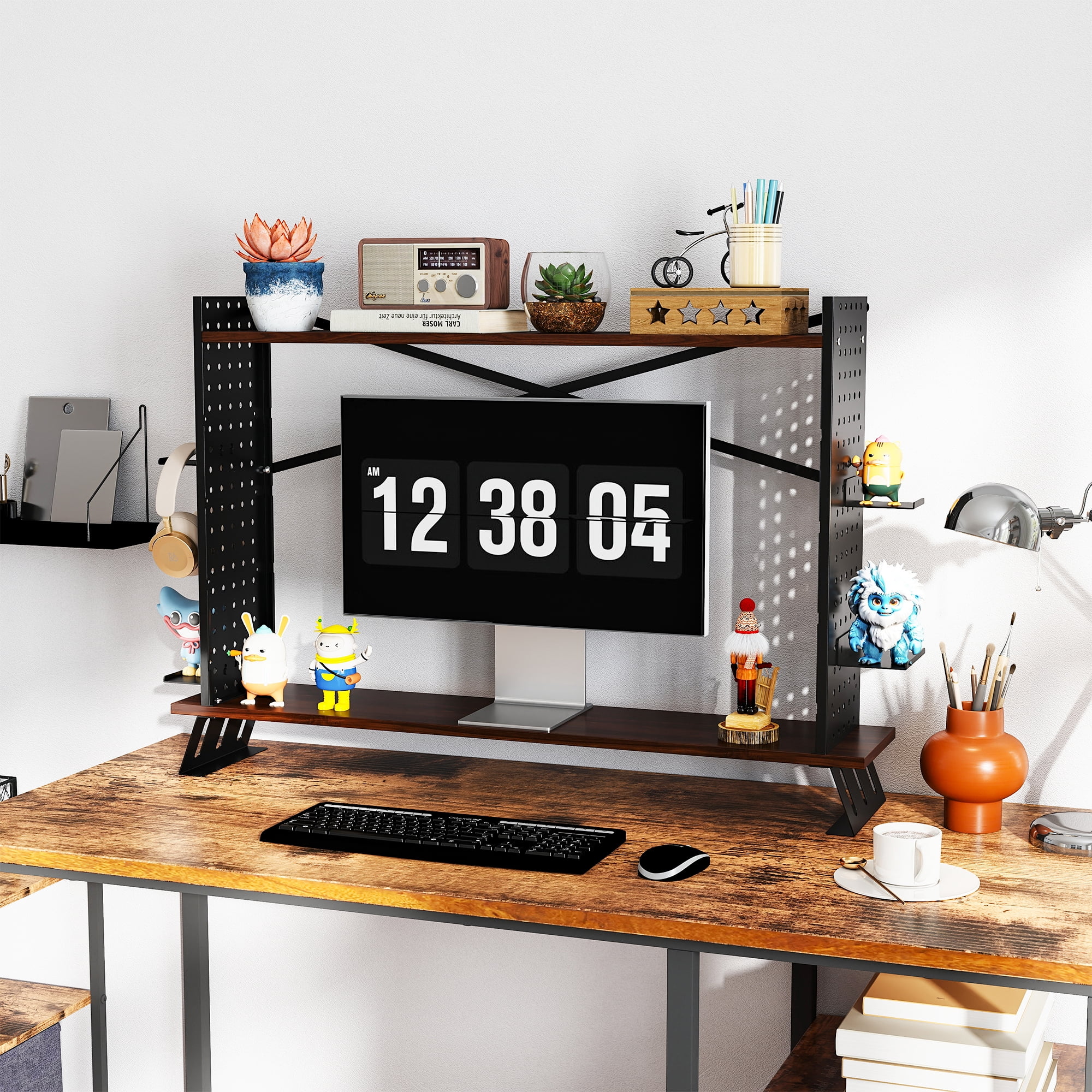 Gomok 2-Tier Desktop Bookshelf, Adjustable Desk Shelf Bookcase Storage Rack with Tray & Grid Panel, Black