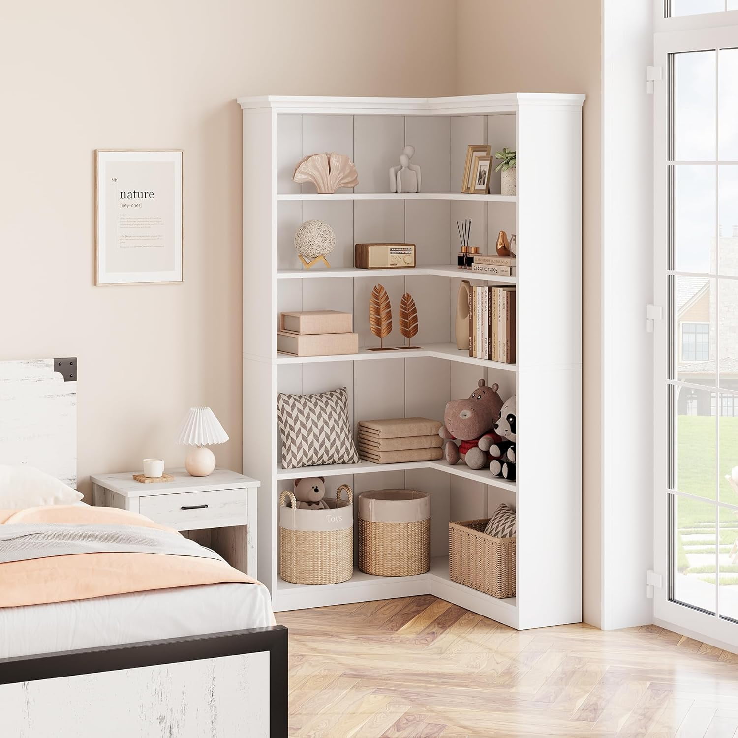 NEILA Farmhouse Corner Bookshelf – 72.8” Tall L-Shaped Bookcase with 5 Tiers, Wood Display Rack for Office and Bedroom,Panel Design in White