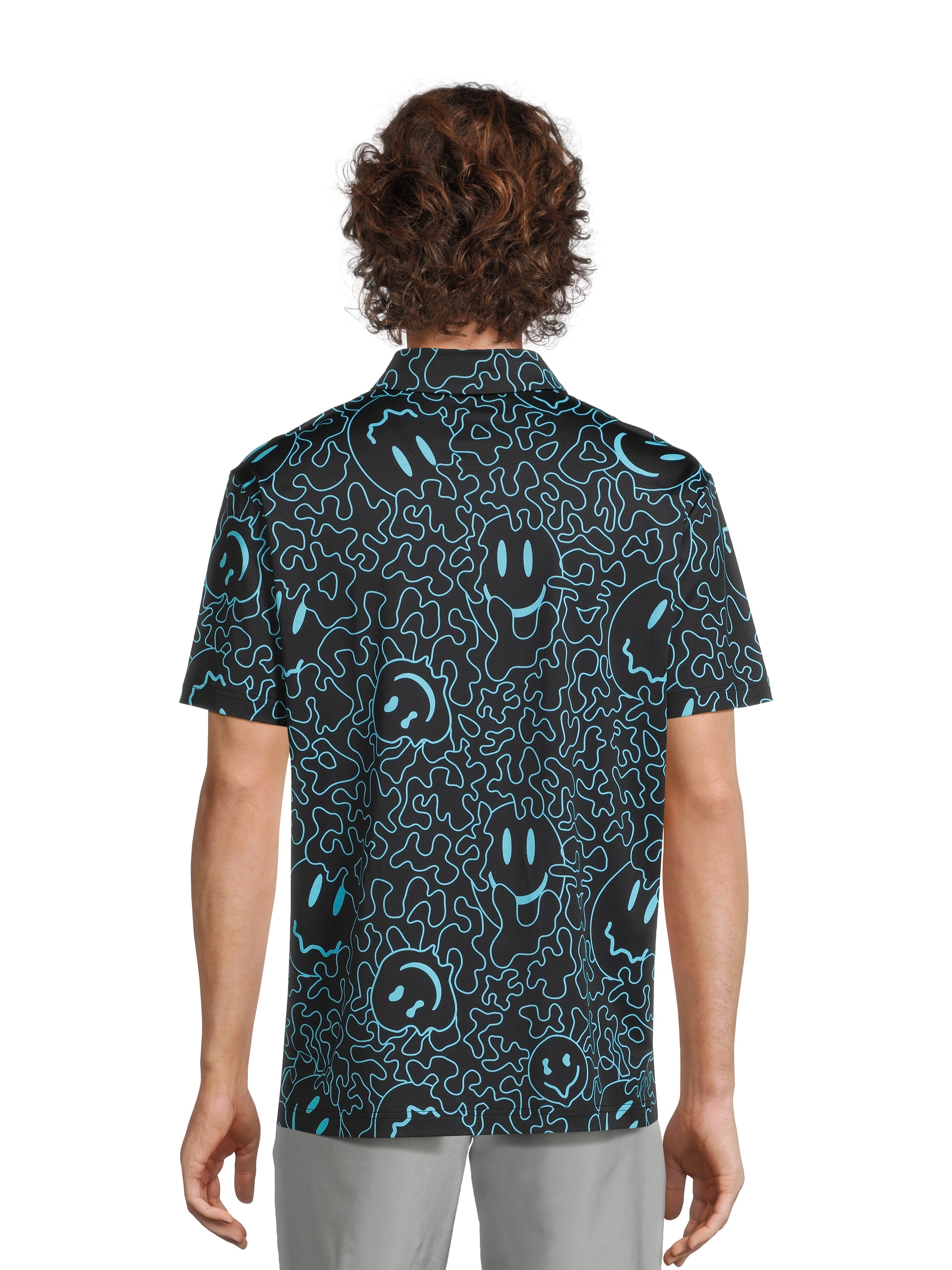 Birdie Bound Men's and Big Men's Graphic Print Groovy Wavy Smile Face Golf Polo Shirt, Sizes S-3XL