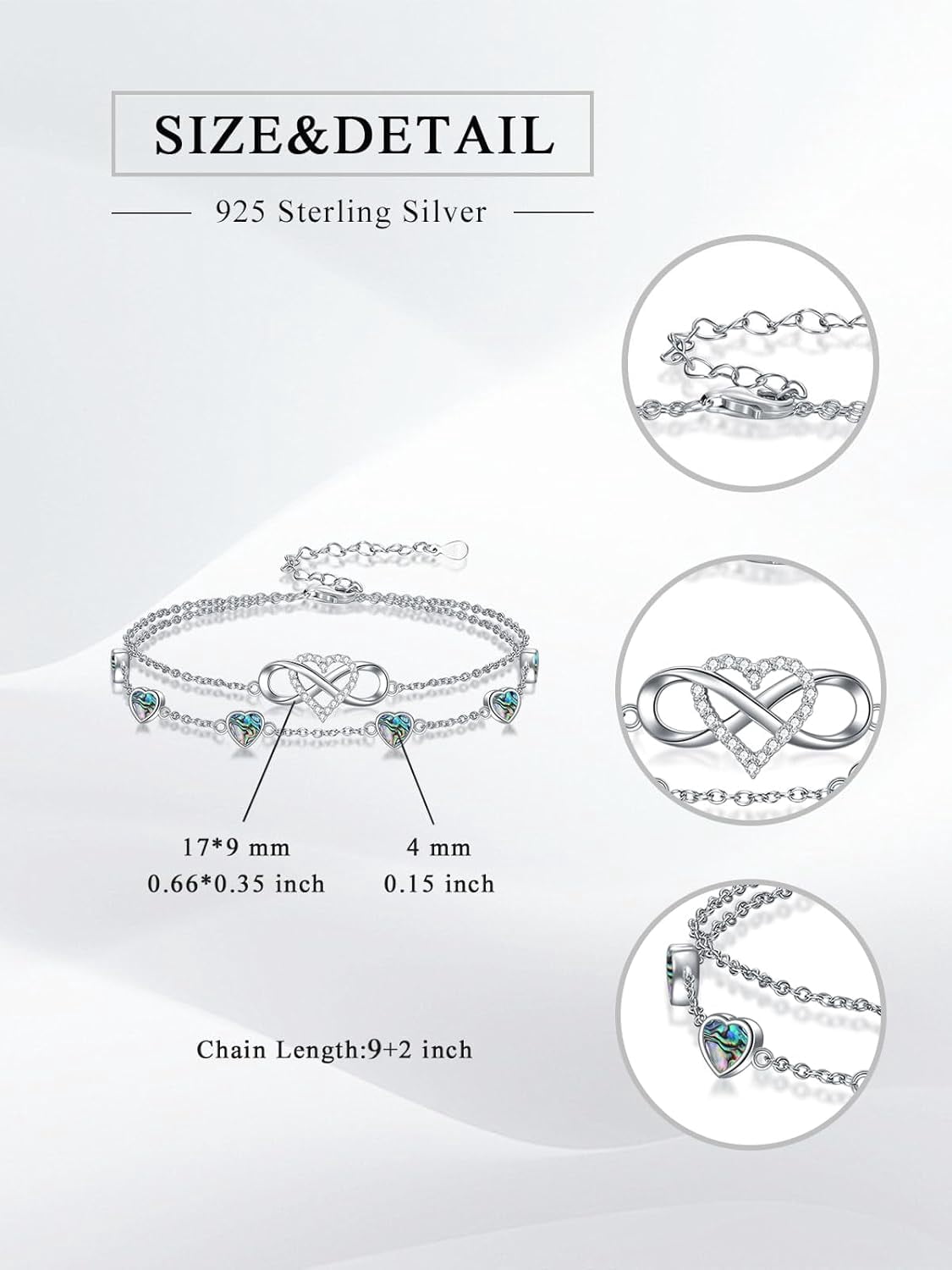 Infinity Abalone Anklet 925 Sterling Silver Double Strand Heart Abalone Anklet Birthday Jewelry Gift for Wife Women Mother,Chain Length 9"+2" Extend