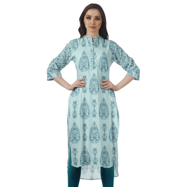 Moomaya Kurti en Coton Col Mandarin pour Femmes Robe Longue Imprimée Grande Taille