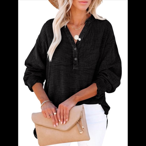Blusas Casuales de Larga con Cuello en V y Botones para Mujer, Blusas Lisas de Gran Tamaño. Negro XL