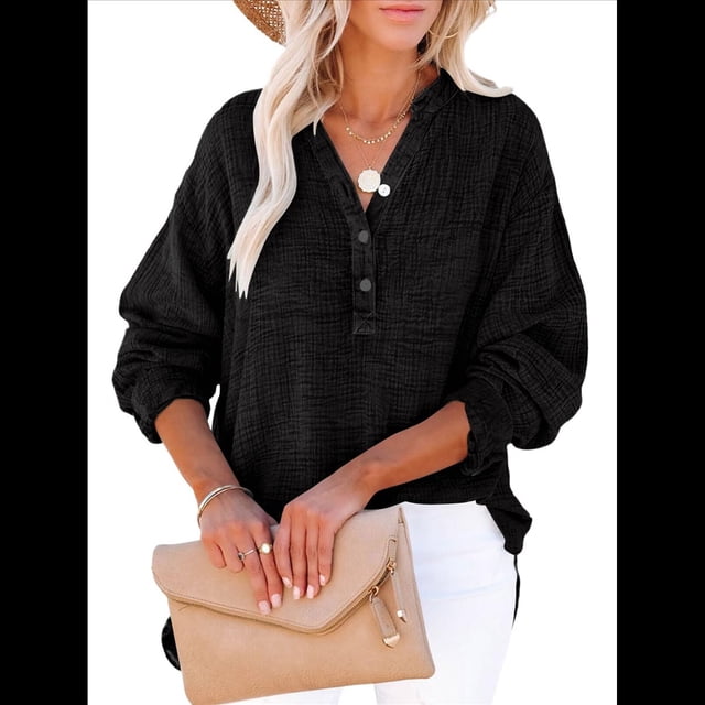 Blusas Casuales de Larga con Cuello en V y Botones para Mujer, Blusas Lisas de Gran Tamaño. Negro M