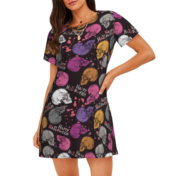 Disketp Halloween Skeleton para Camisón Corto de Manga Corta para Mujeres, Camisón Cómodo con Escote Redondo, Bonito y Confortable