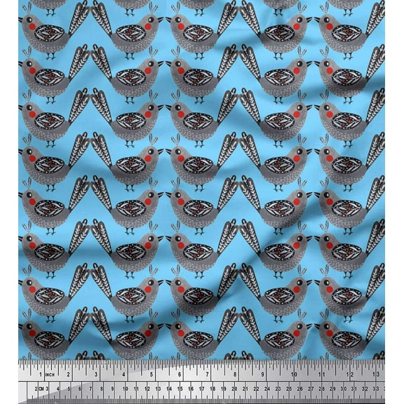 Soimoi Blue Cotton Voile Fabric Bird Folk Art Printed Craft Fabric by the Yard 42 Inch Wide