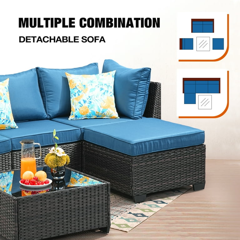 JOYURE 5 Piece Patio Set All Weather Wicker Sofa with Cushion Table Ottoman Blue Walmart