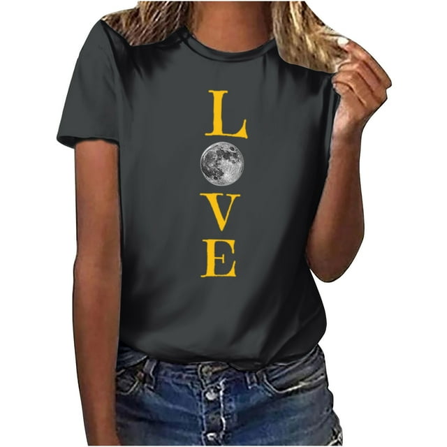 Penkiiy T-Shirt Musulman Ramadan pour Femmes T-Shirts Graphiques Mignons pour Femmes Col Rond Manches Courtes Imprimé Lune T-Shirt Décontracté 2TG Gris Foncé