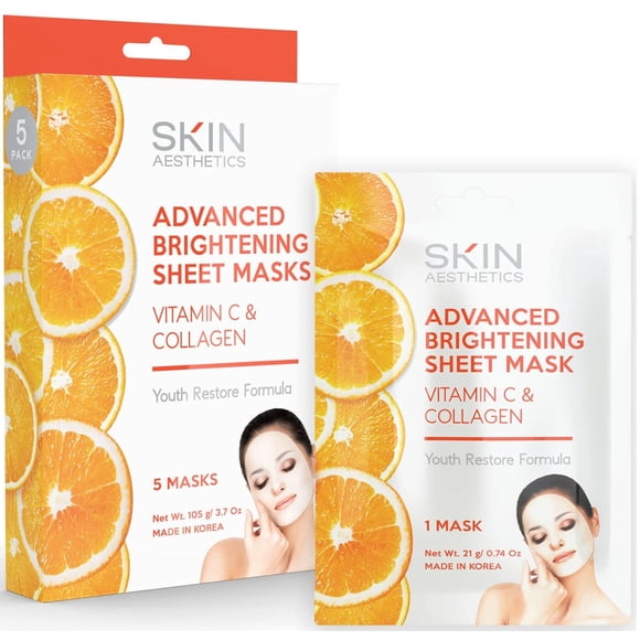 Skin Aesthetics Mascarilla facial con vitamina C y colágeno - Reduce las arrugas y las manchas de la edad Hidrata la mascarilla hidratante y con brillo avanzado - Cuidado de la piel coreano sin crueld