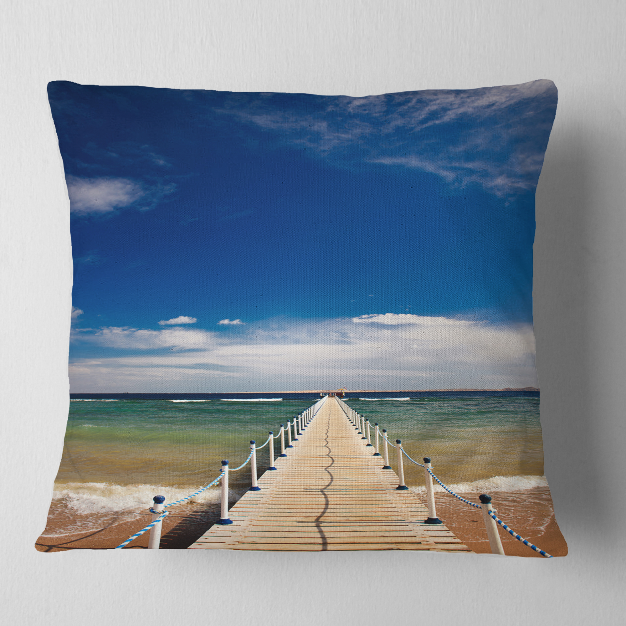 Designart Long Pontoon in Sea - Photographic Throw Pillow - 16x16