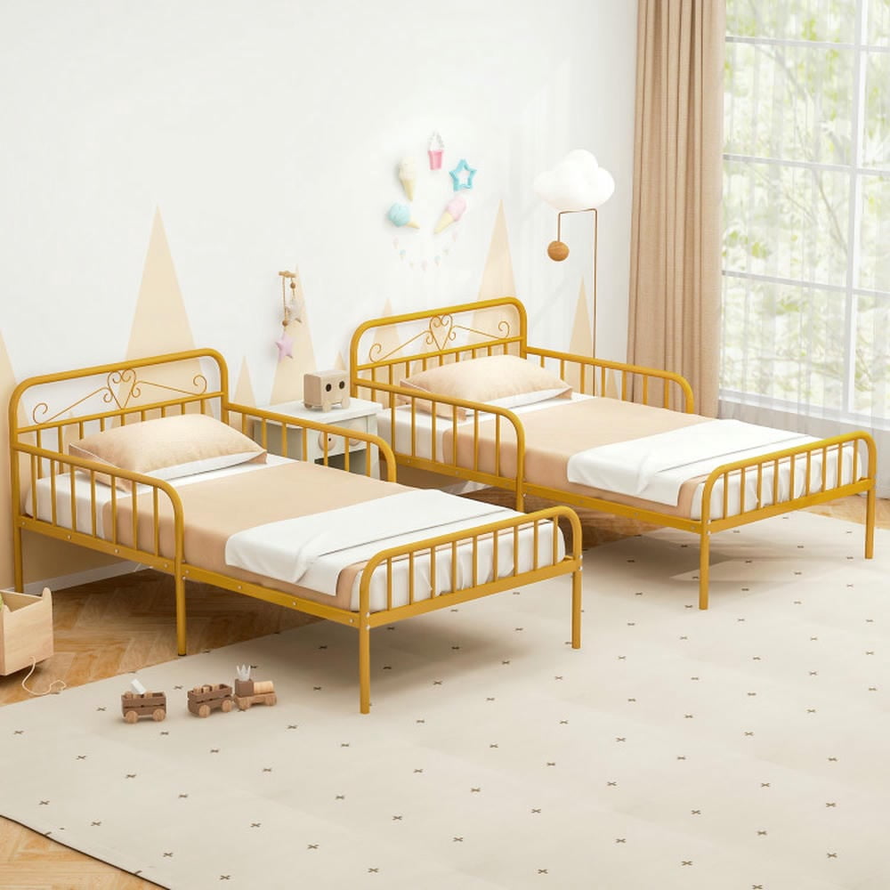 Barara King Bedroom Bed Frame, Bed Platform Frame,Twin Size Bed Frame with Headboard and Safety Side Guardrails-Gold