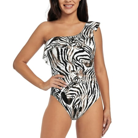 Goofa Leopard And Zebra Pattern Women s One Piece Swimsuits Tummy Control Bathing Suits Asymmetric One Shoulder Swimwear-Medium