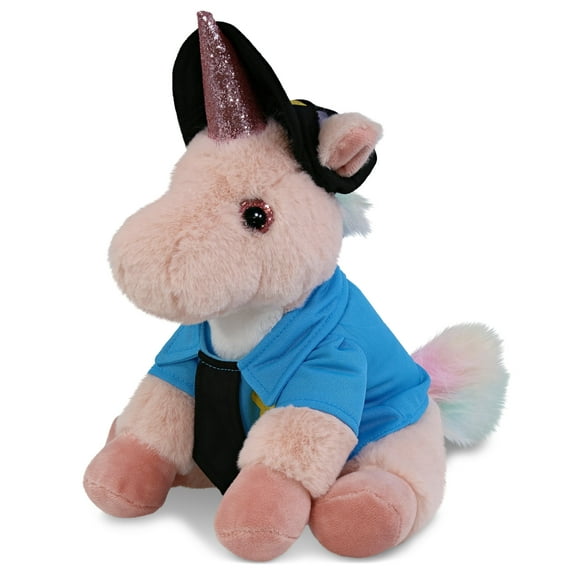 DolliBu Pink Unicorn Police Officer Plush Toy – Super Soft Pink Unicorn Cop Stuffed Animal Dress Up Cop Uniform and Cap Outfit, Fluffy Pink Unicorn Policeman Toy Plush Gift for Kids – 9 Inches