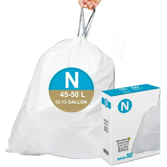 Code N Heavy Duty Trash Bags with Reinforced Drawstring for 12-13 Gallon/45-50 Liter Reliable1st Compatible with simplehuman Code N (50 Count) Tear & Leak Resistant Drawstring Garbage Liners