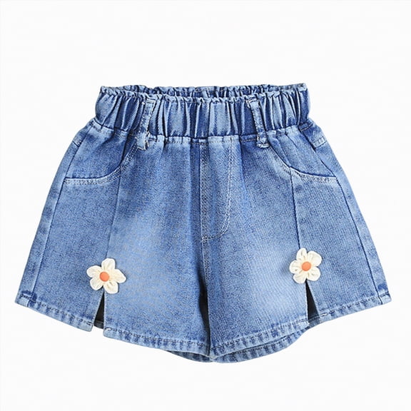 JUMEYU Short for Girls Girls Denim Shorts Summer Elastic Waist Wash Denim Flared Short Pants Causal Ruffle Jean Shorts with Pockets Size 7-8 (Orange,7-8 Years)