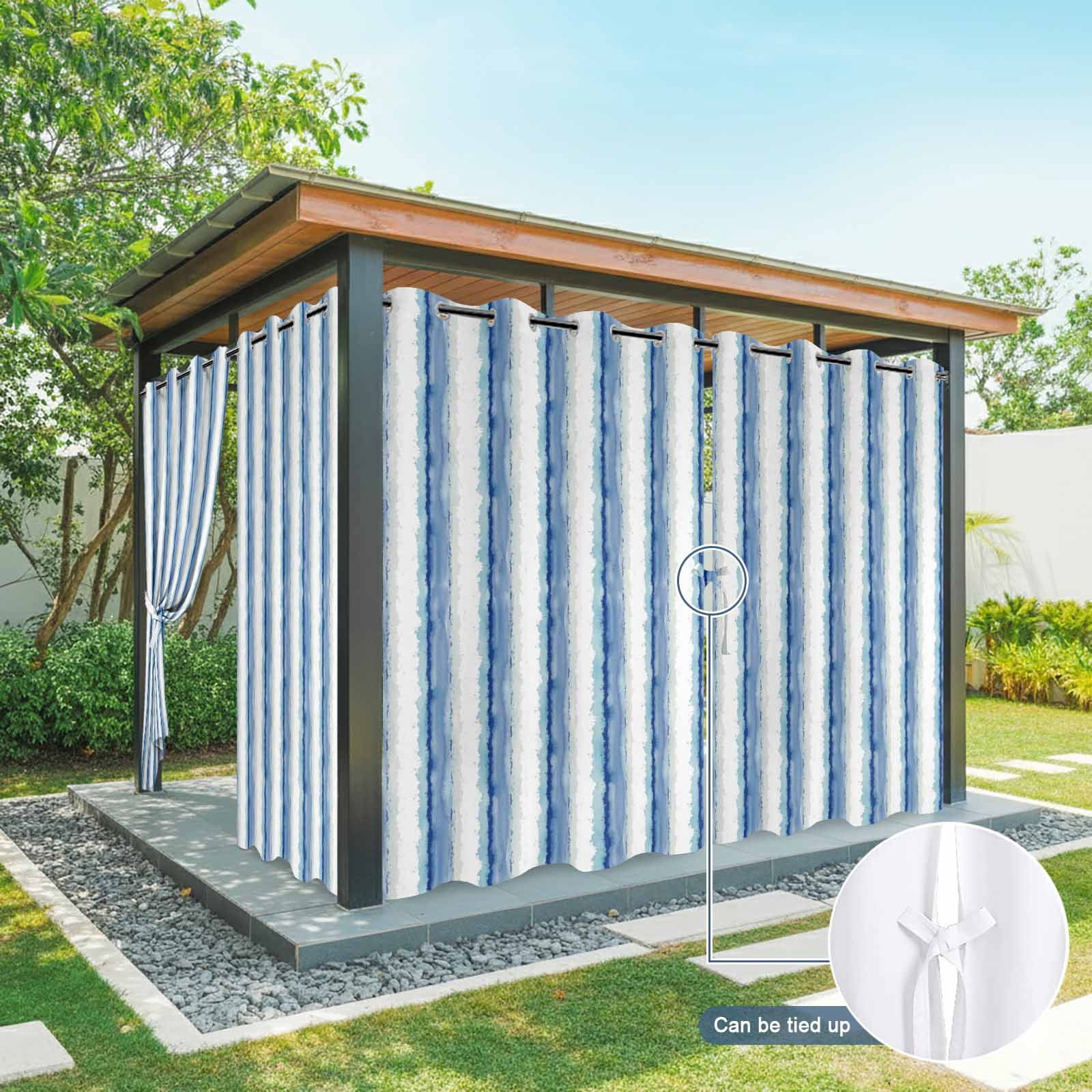 Abstract Blue Stripes Outdoor Curtains for Patio, Minimalist Faded Denim Striped Country Sunshade Privacy Drapes Grommet Waterproof Outside Curtains for Porch/Cabana/Balcony 54"x 108", 1 Panel
