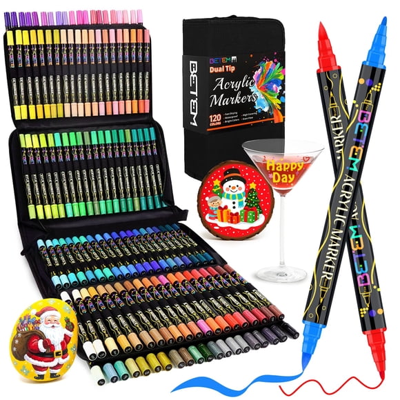 Betem Paint Markers Acrylic Paint Pens, Dual Tip 120 Colors Acrylic Markers with Brush Tip and Fine Point, Art Supplies for Wood,
