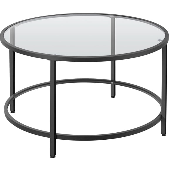 27.6" Black Round Glass Coffee Table for Living Room, Metal Frame