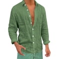 thumbnail image 2 of Men's Linen Cotton Shirts Long Sleeve Lightweight Regular Fit Solid Button Casual Summer Shirt Army Green M, 2 of 4
