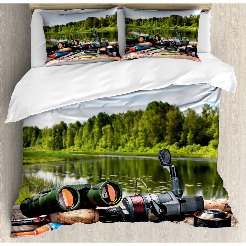 Hunting Duvet Cover Set, Fishing Tackle on a Pontoon Lake in the Woods