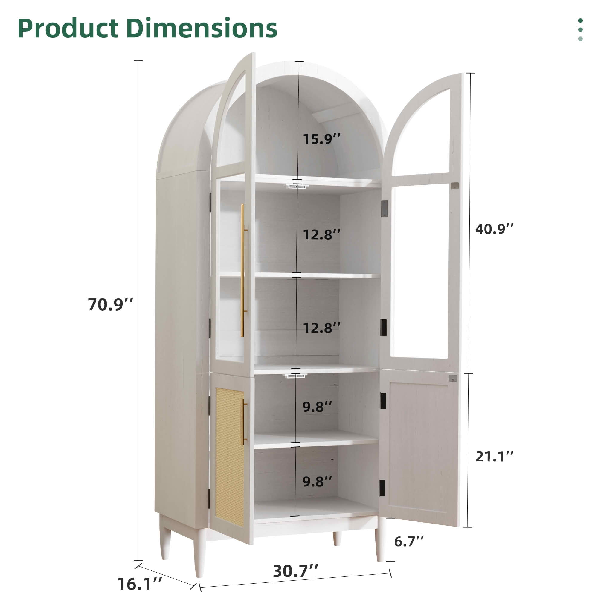 MAYEERTY 71" White Arch Cabinet with Glass Doors, for Bedroom Entryway