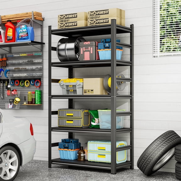 87"H Heavy-Duty 5-Tier Adjustable Metal Storage Rack Black - For Garage Tool Room & Supermarket