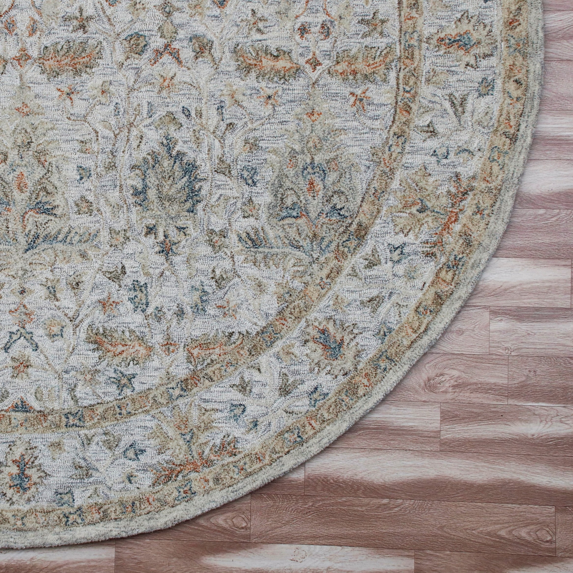 LR Home Viane Credo Silver/Taupe Vintage Floral Wool Round Rug, 8'6" Round