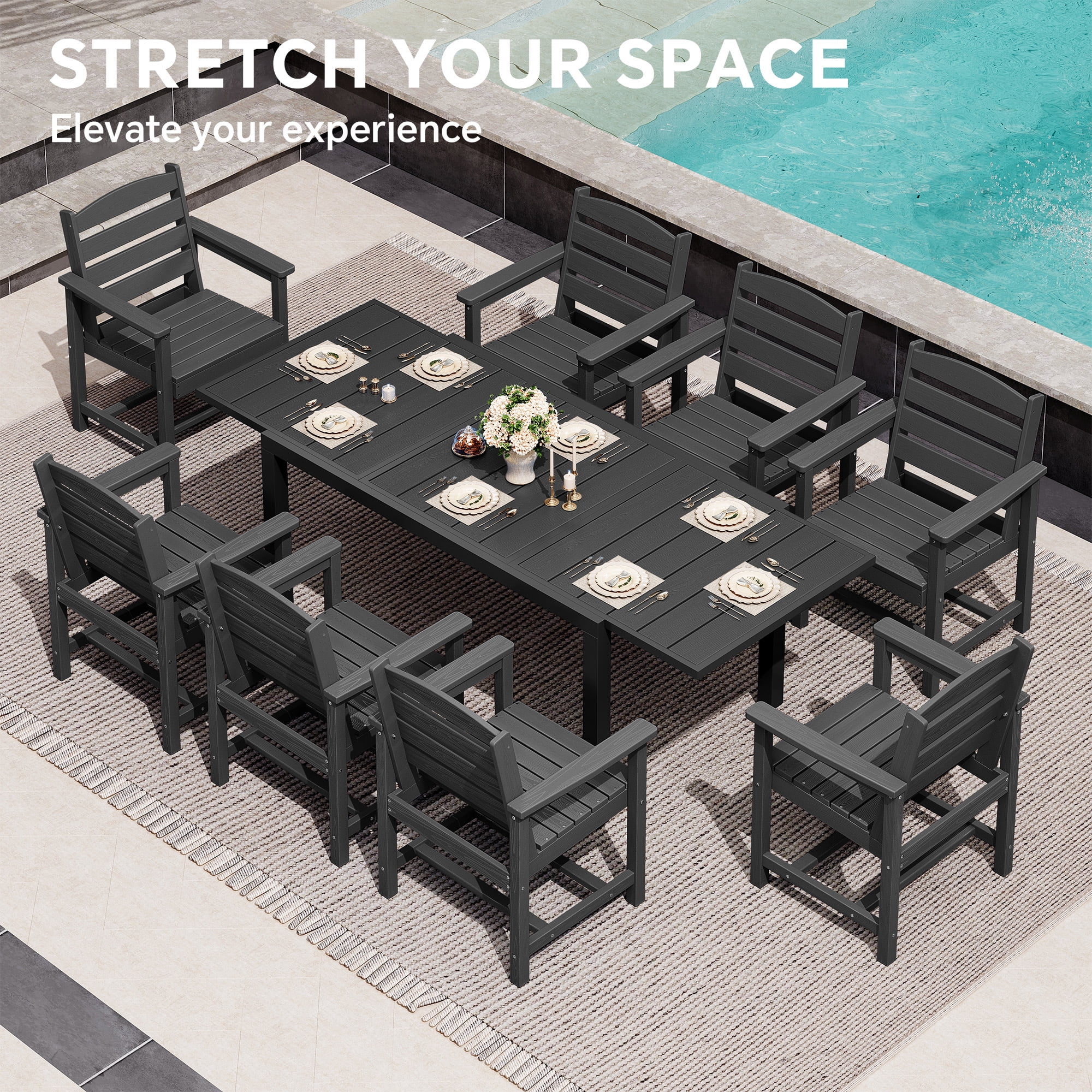 SERWALL 9-Piece Outdoor Dining Set with Expandable Patio Dining Table and 8 Chairs, 60–83 Inch All-Weather HDPE Patio Furniture Sets for Backyard, Garden, Deck, Poolside - Black