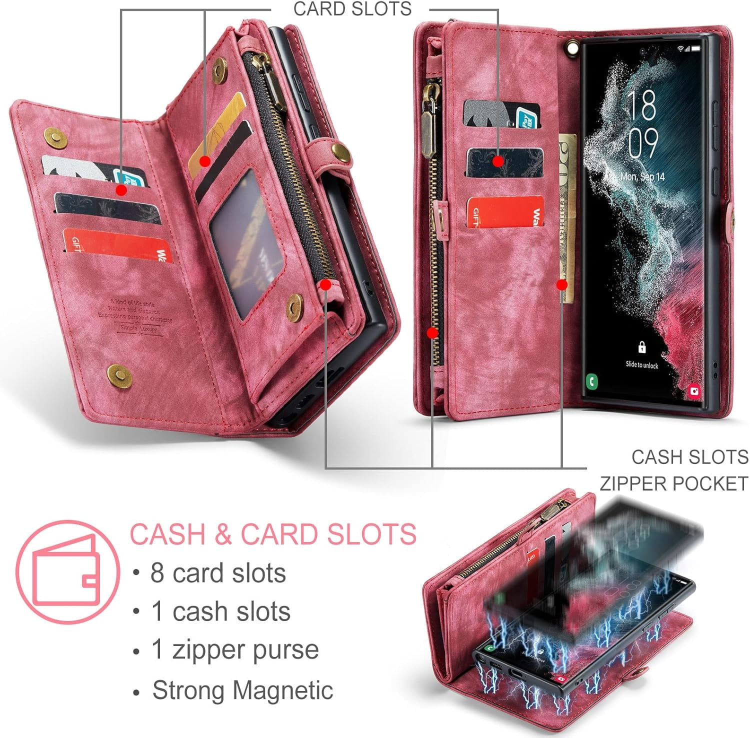 Phone Case for Samsung Galaxy S22 Ultra 5G Zipper Wallet Cover with Tempered Glass Screen Protector and Flip Cash Card Holder Cell Accessories Gaxaly S22ultra 22S S 22 22ultra G5 Women Men Red