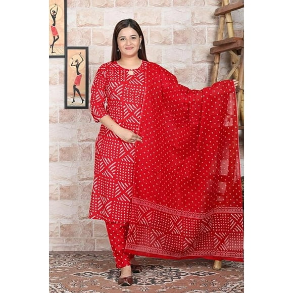 Aizza Trends Women's Cotton Febric Bandhej Printed Straight Kurti With Afghani Pant and Dupatta Set