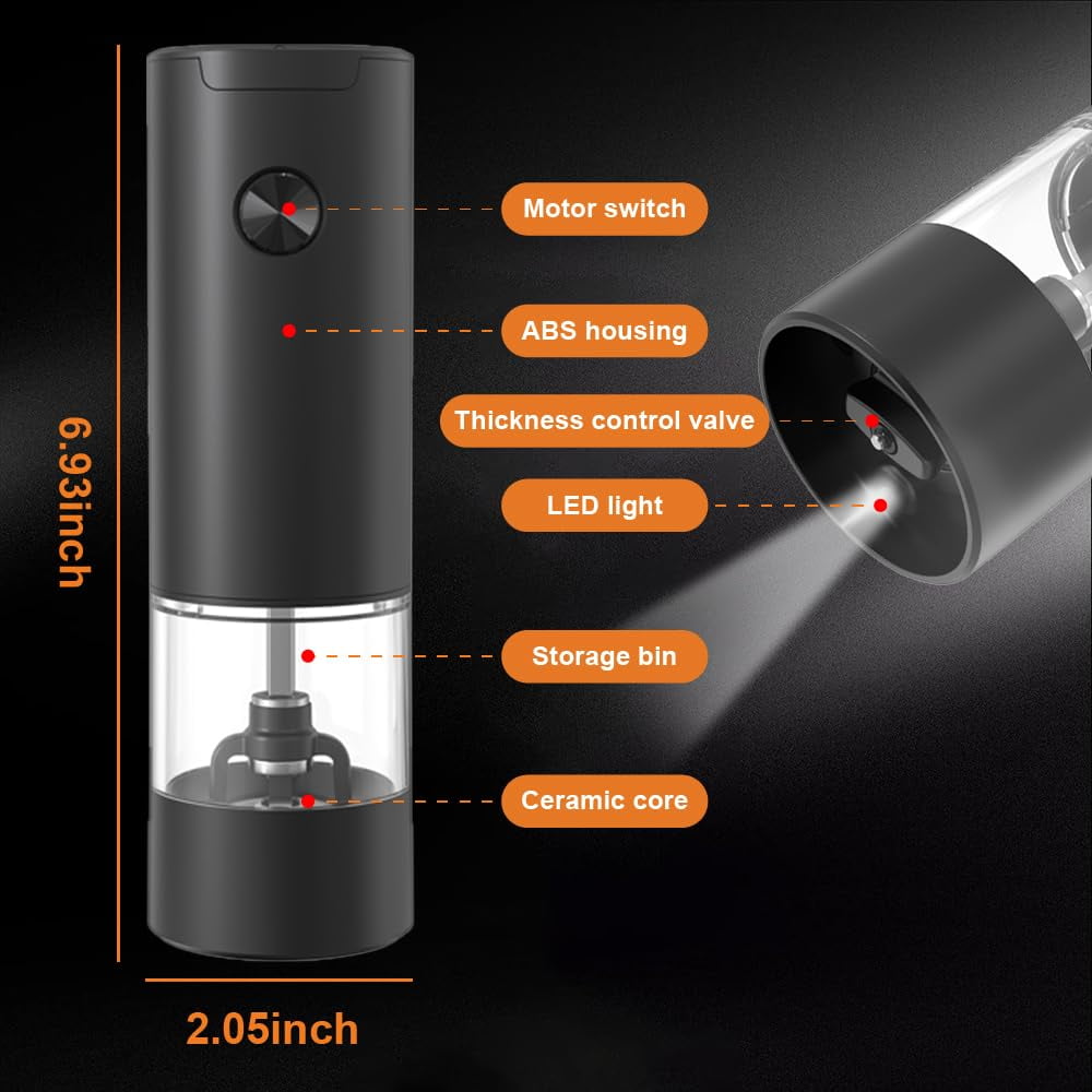 Electric Black Pepper Grinder with Salt Mill Function, Adjustable Coarse/Fine Settings, Quiet 60dB Operation, Perfect for Cooking or Gifting, Black