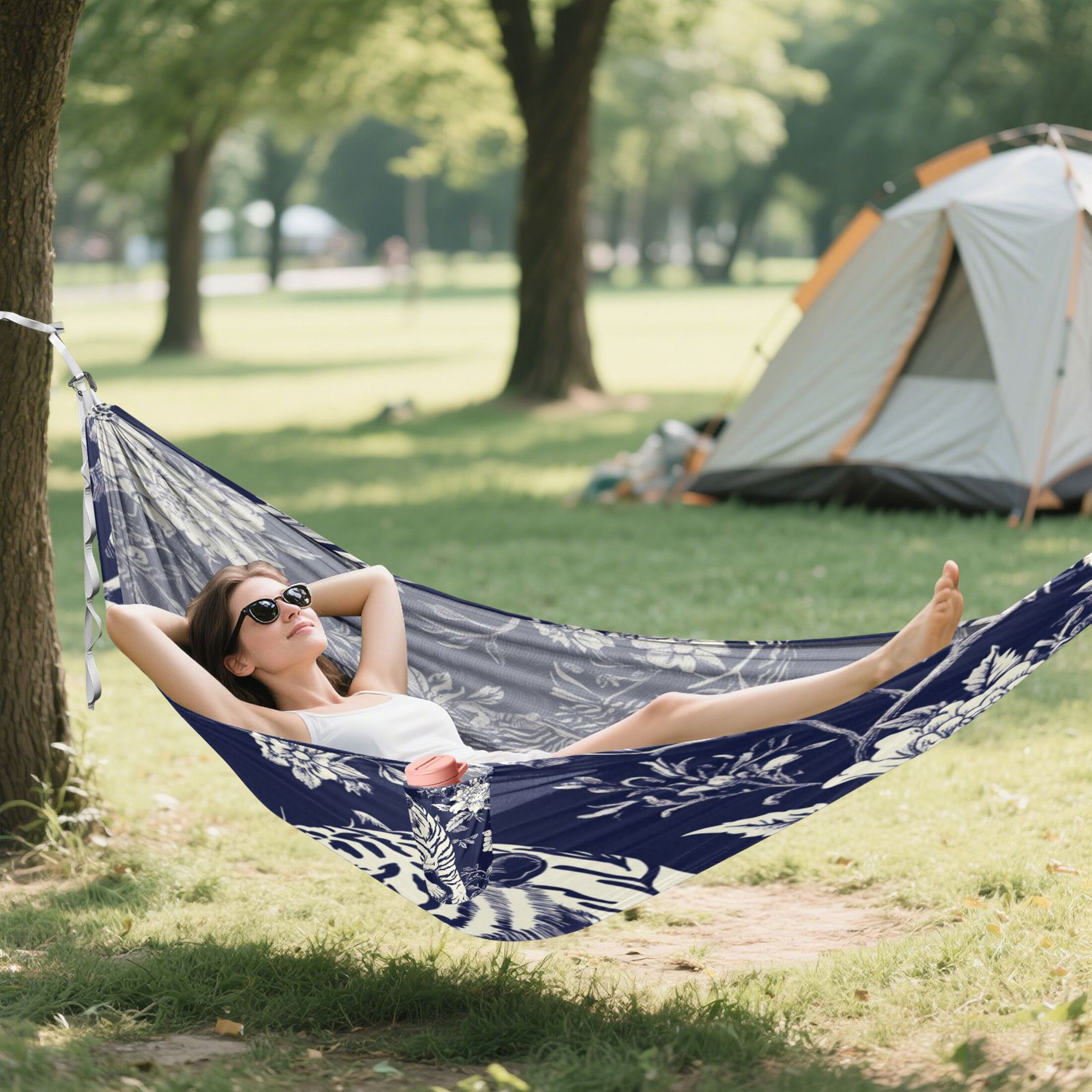 Hammock Camping Hammock Nylon Portable Hammock Travel Camping Hammock Blue Flower and Tiger Pattern
