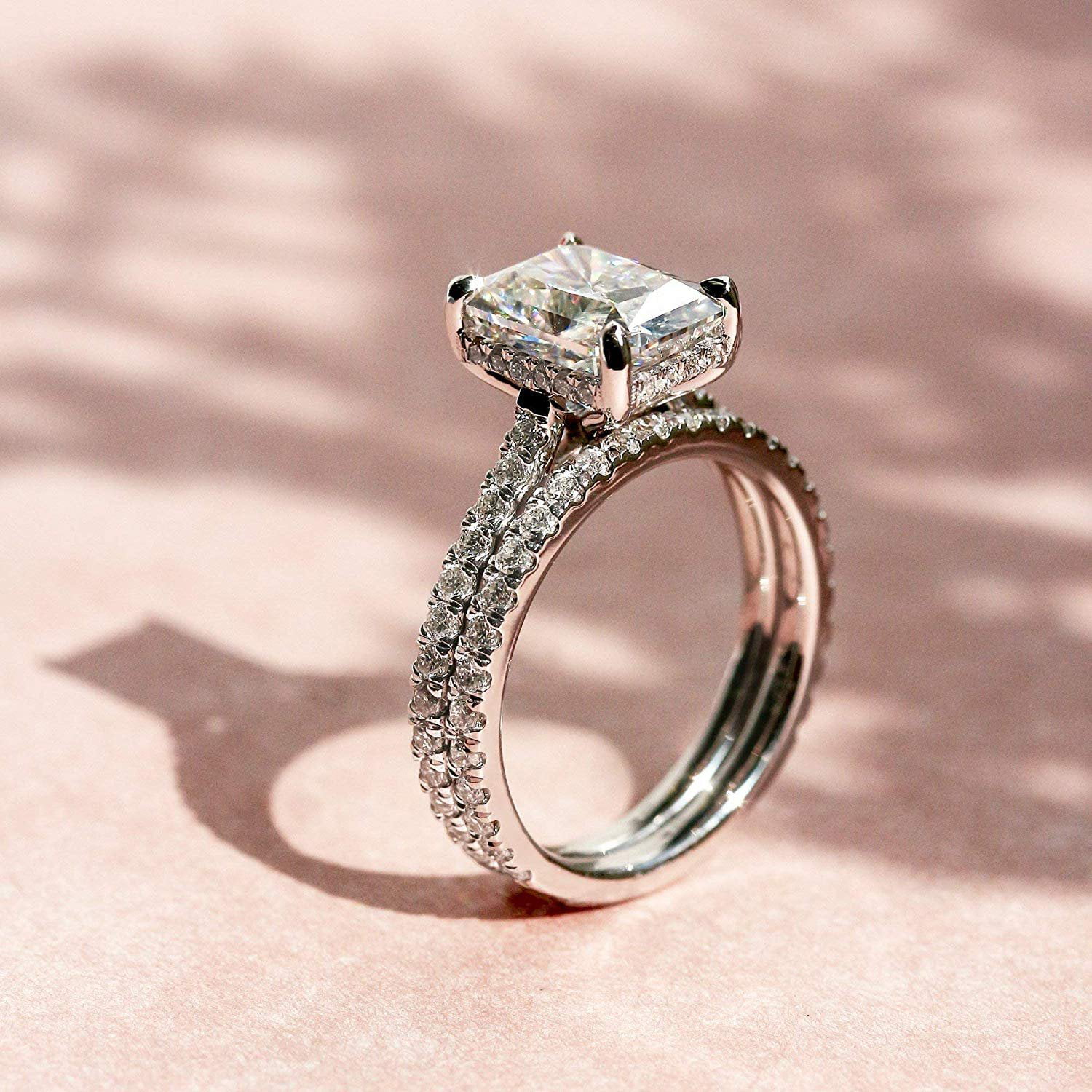 Bridal Ring Set 3 CT Radiant Cut Colorless Moissanite Halo Engagement Ring Anniversary Ring Set Hidden Halo Moissanite Wedding Ring