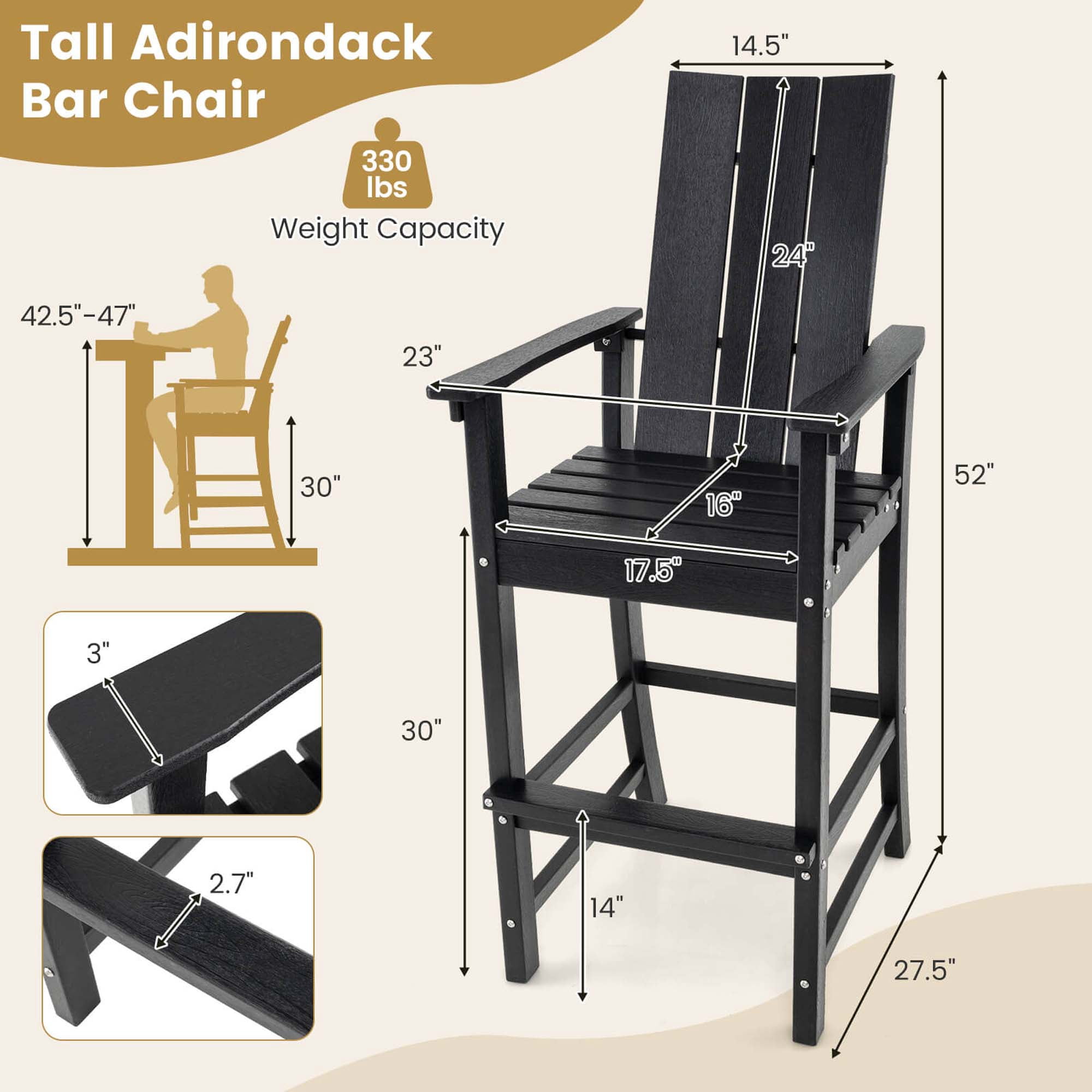 Costway Tall Adirondack Chair with Ergonomic Backrest Armrests & Footrest for Backyard Black