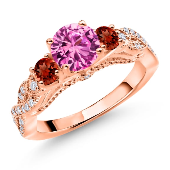 Gem Stone King 18K Rose Gold Plated Silver Pink Created Sapphire Red Garnet and White Moissanite Engagement Ring for Women (1.57 Cttw, Gemstone September Birthstone, Round 6MM and 3MM, Size 6)