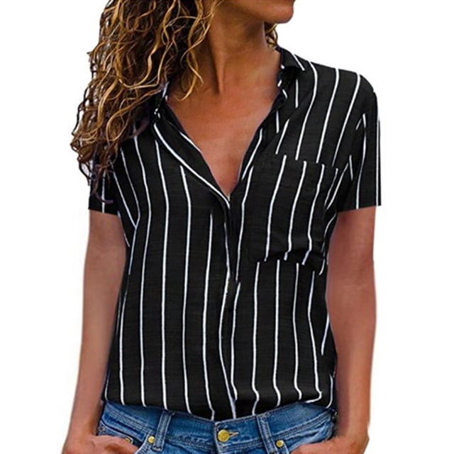 MAWCLOS Chemises pour Femmes Col à Revers Manches Courtes Blouse Boutonnée Tunique Noire S