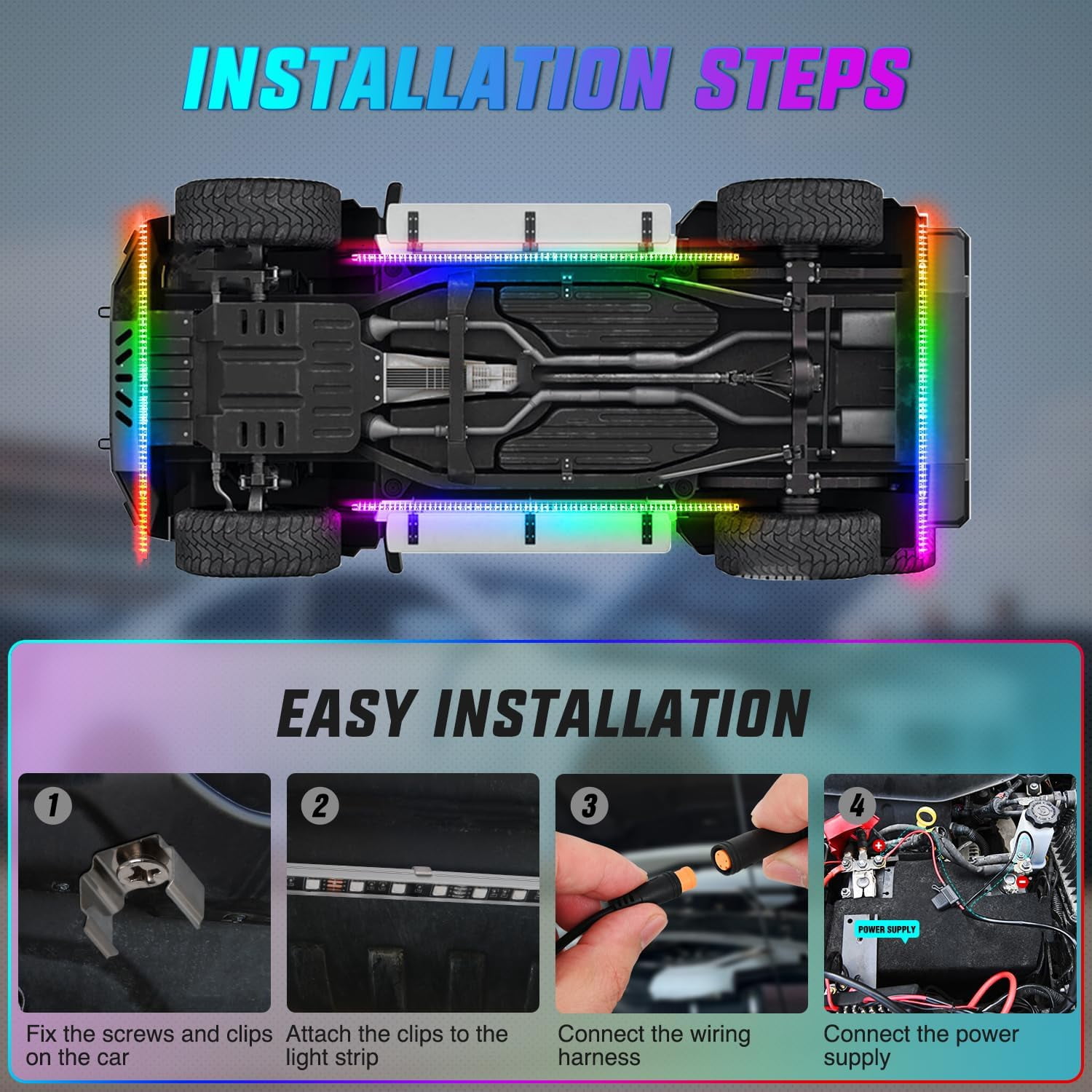 4Pcs Aluminum Underglow LED Lights for Cars,8 Color RGB 396 Led Sound Active Function Music Mode Underglow Kit,Music Mode with APP, Waterproof Underbody Neon Strip Light for Car SUV Truck